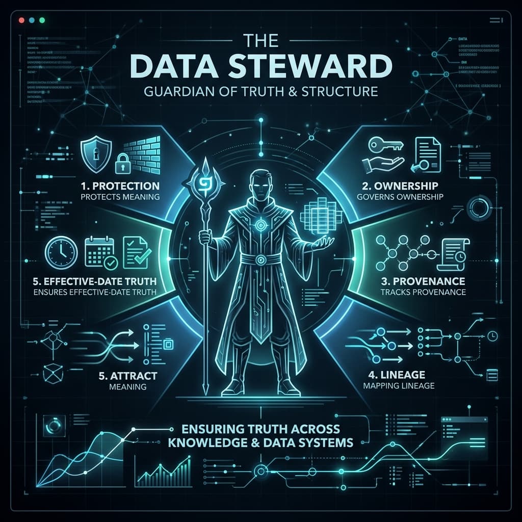 The Data Steward in Dark-Mode Motion Explainer style.