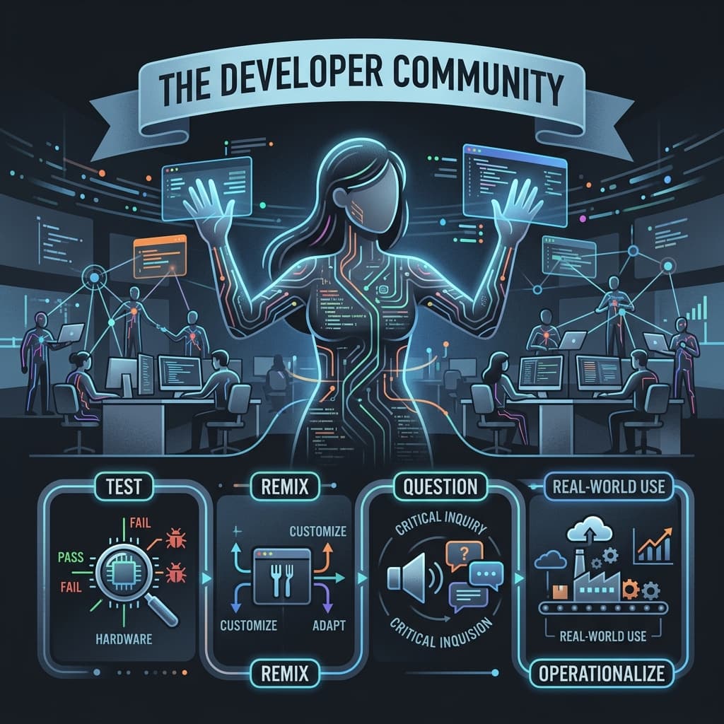 The Developer Community in Dark-Mode Motion Explainer style.