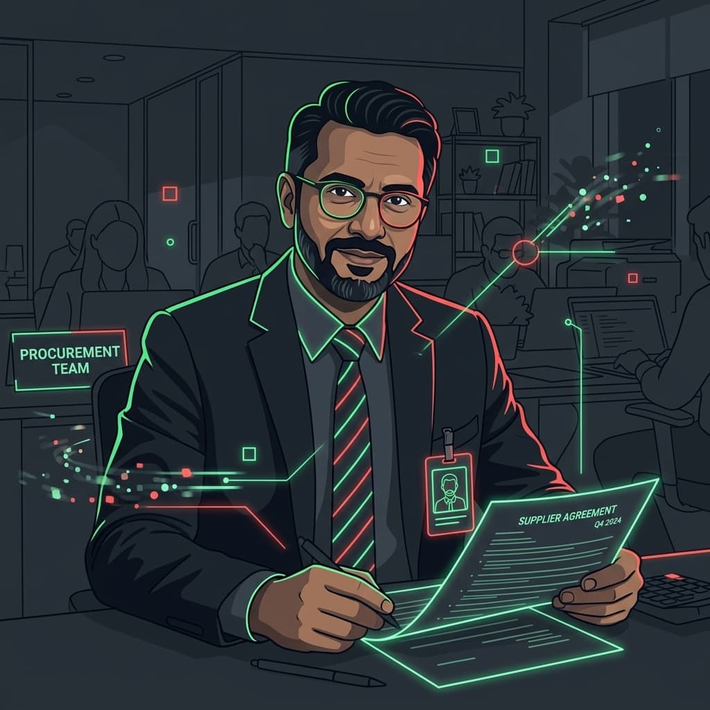 The Procurement Lead in Dark-Mode Motion Explainer style.