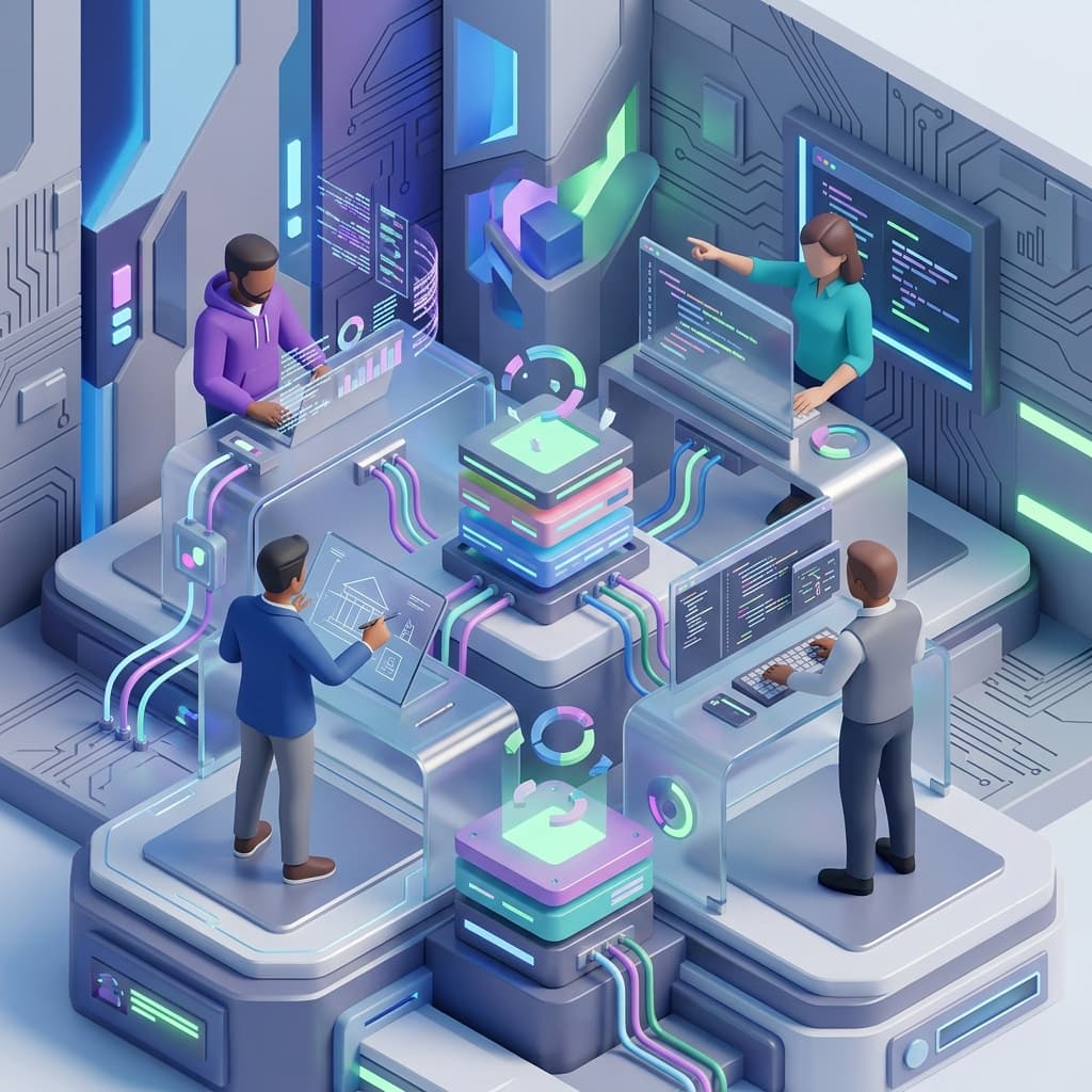 Application Development Team in Isometric Systems Diorama style.