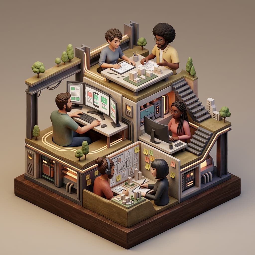 Design Team in Isometric Systems Diorama style.