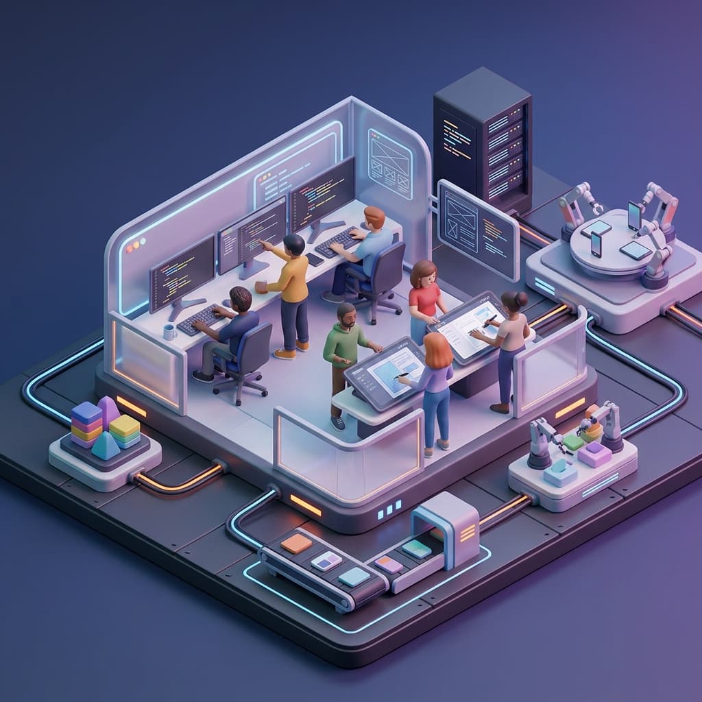 Frontend/UI Engineering Team in Isometric Systems Diorama style.