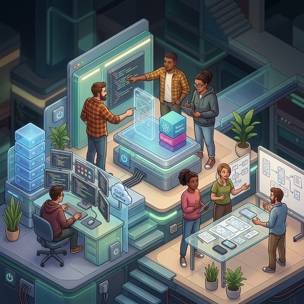 Mobile Engineering Team in Isometric Systems Diorama style.