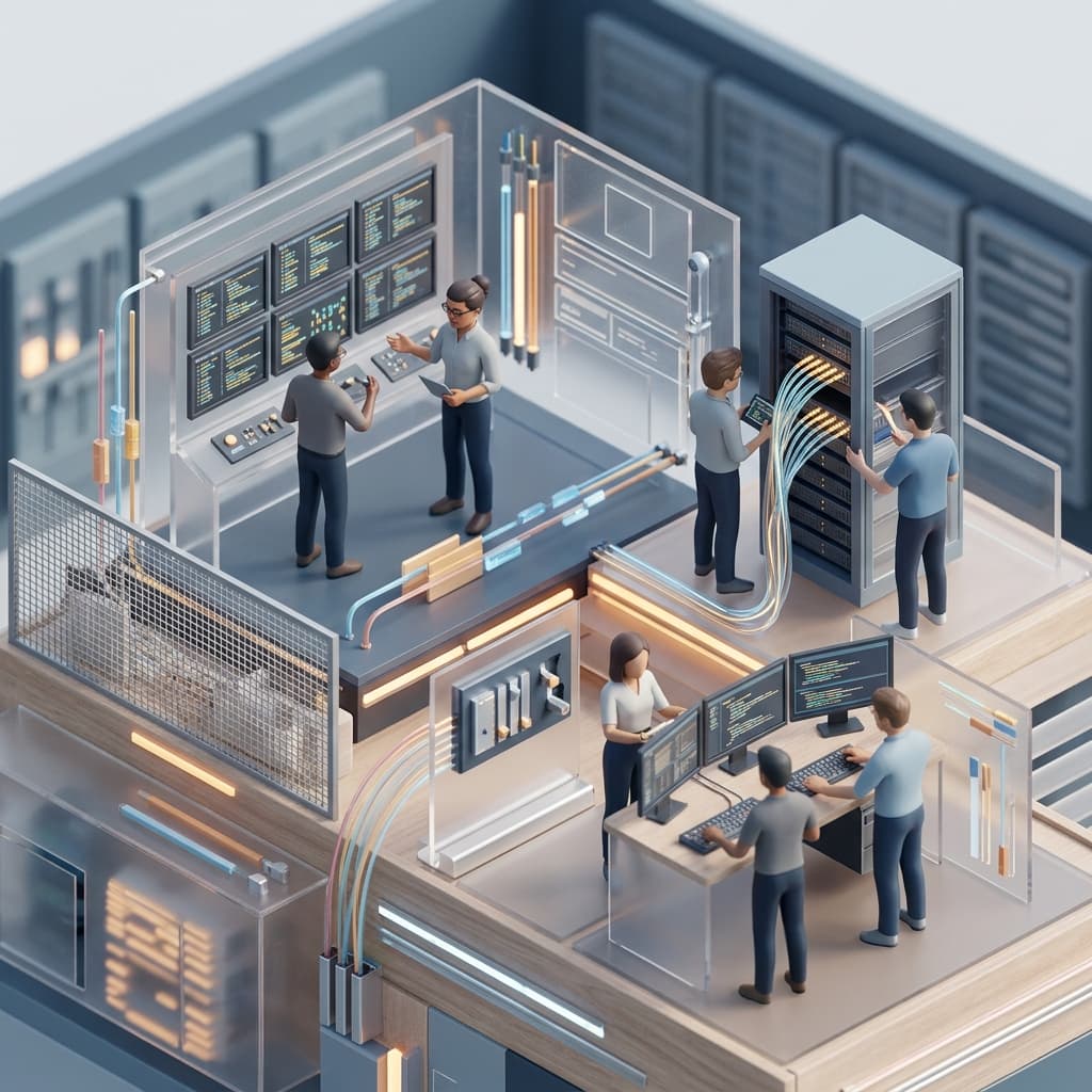 Platform/SRE Team in Isometric Systems Diorama style.