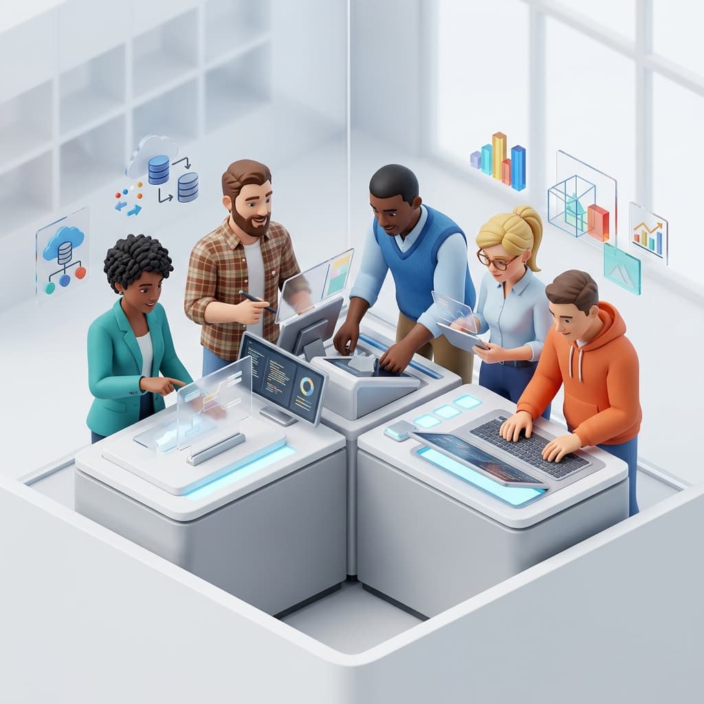 Product Team in Isometric Systems Diorama style.