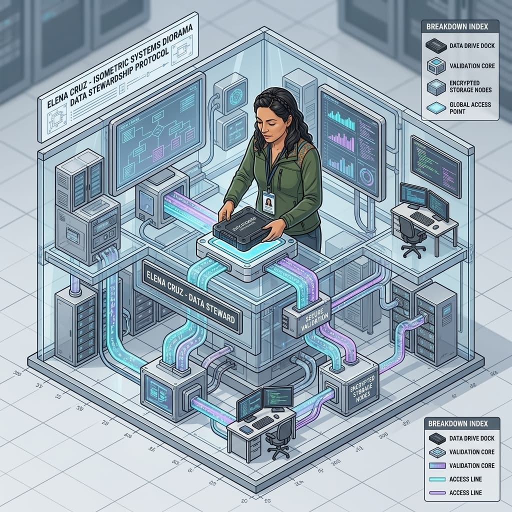 The Data Steward in Isometric Systems Diorama style.