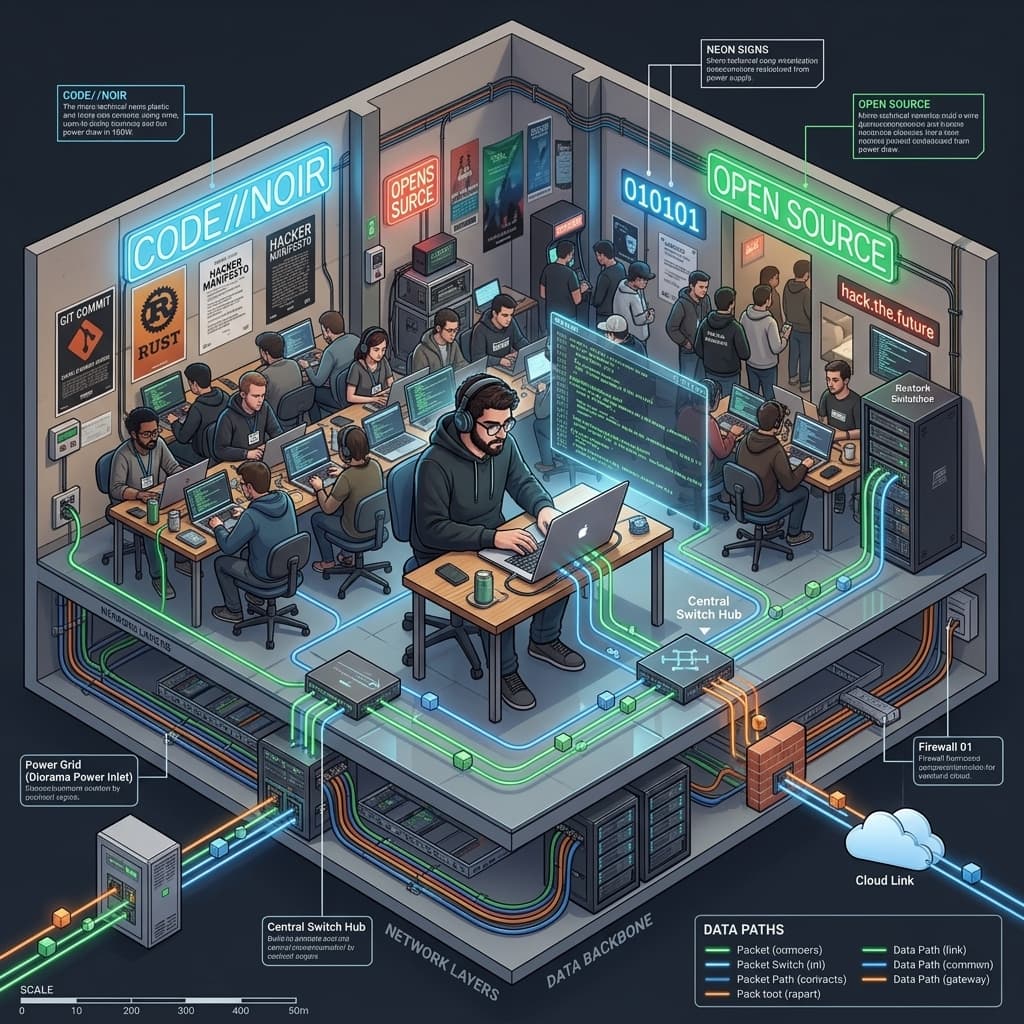 The Developer Community in Isometric Systems Diorama style.