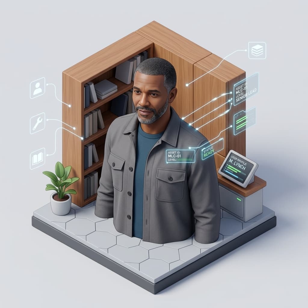 The Engineering Director in Isometric Systems Diorama style.