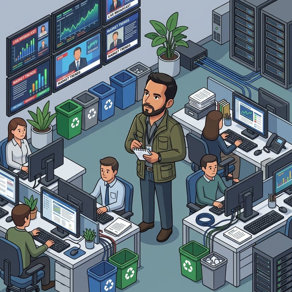 The Journalist Analyst in Isometric Systems Diorama style.