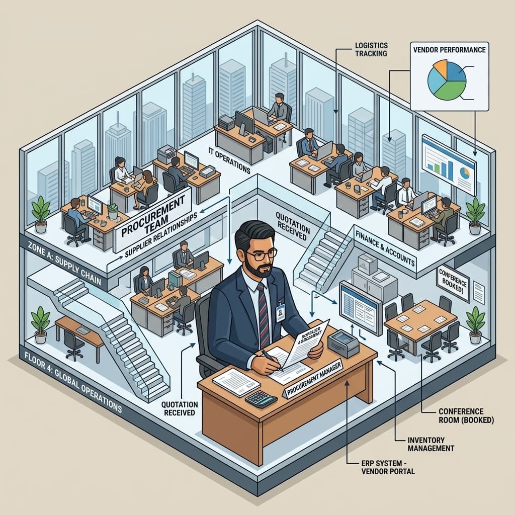 The Procurement Lead in Isometric Systems Diorama style.