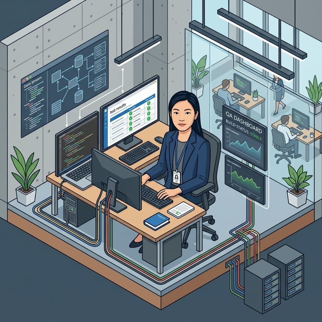 The QA Engineer in Isometric Systems Diorama style.