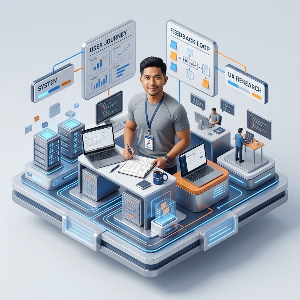 The UX Researcher in Isometric Systems Diorama style.
