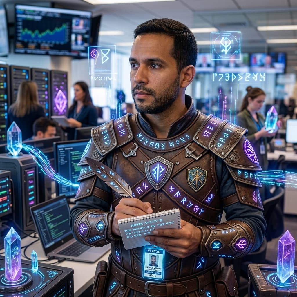 The Journalist Analyst in Middle World Fantasy style.