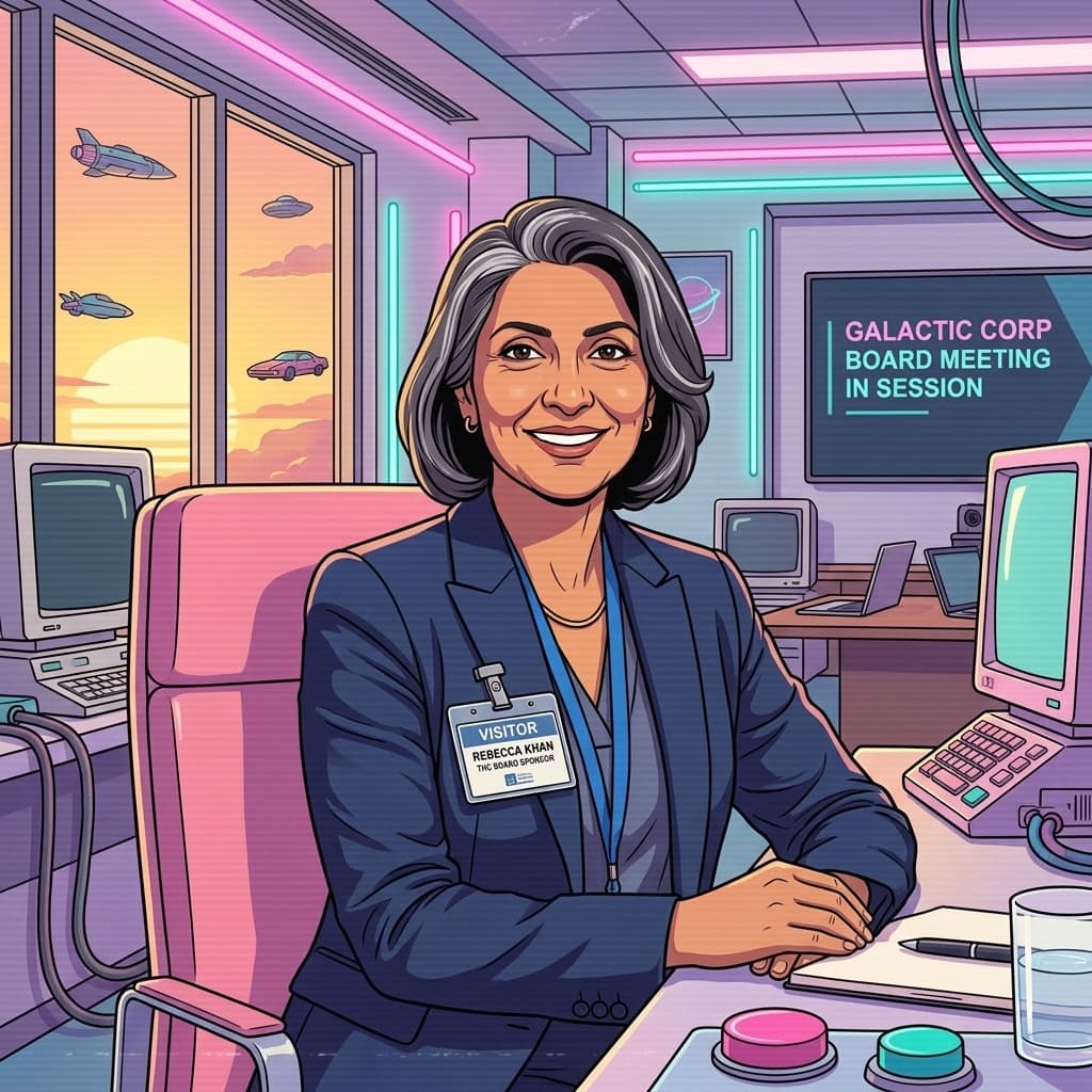 The Board Sponsor in Retro Sci-Fi Sitcom style.