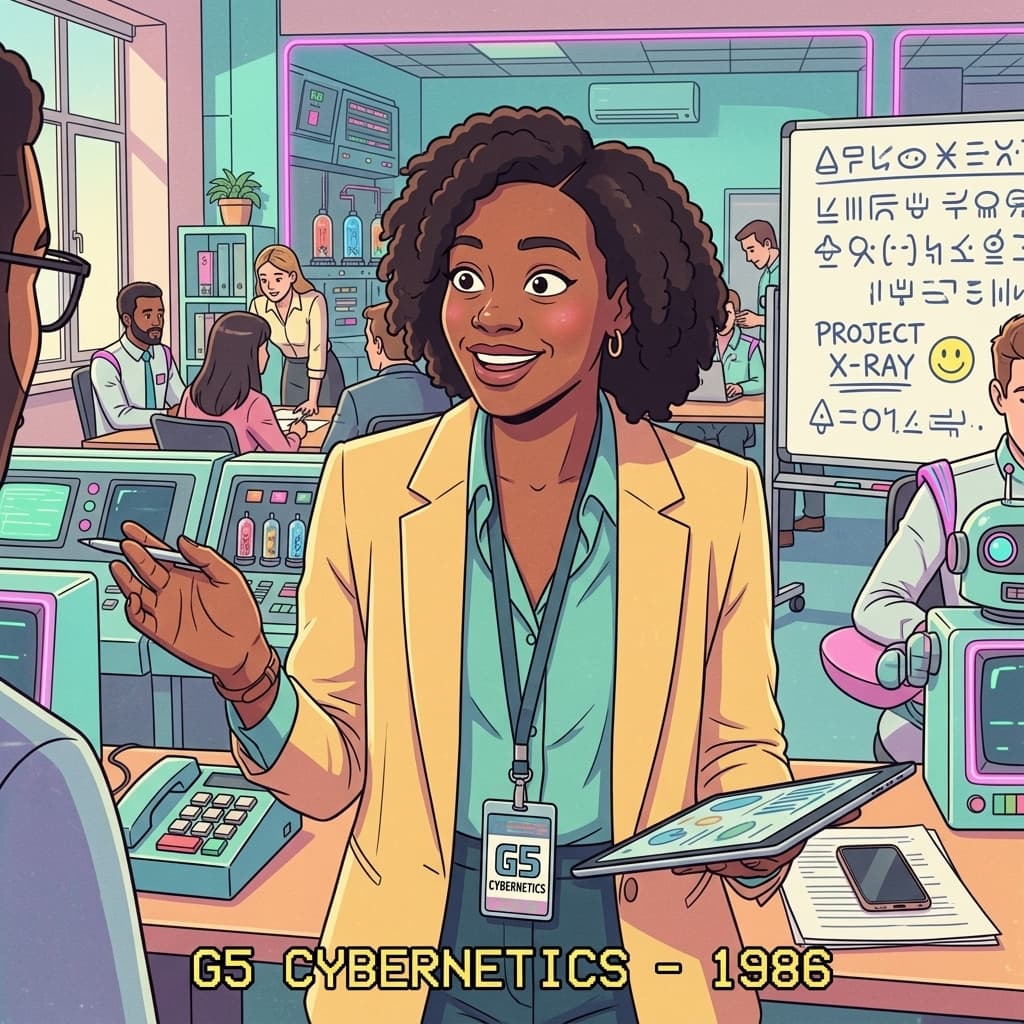 The Customer Success Lead in Retro Sci-Fi Sitcom style.