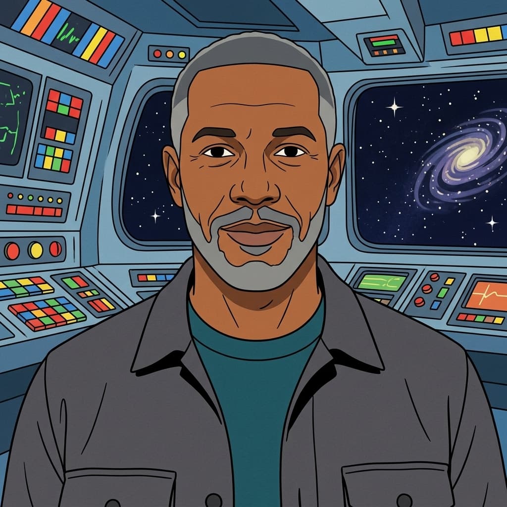 The Engineering Director in Retro Sci-Fi Sitcom style.