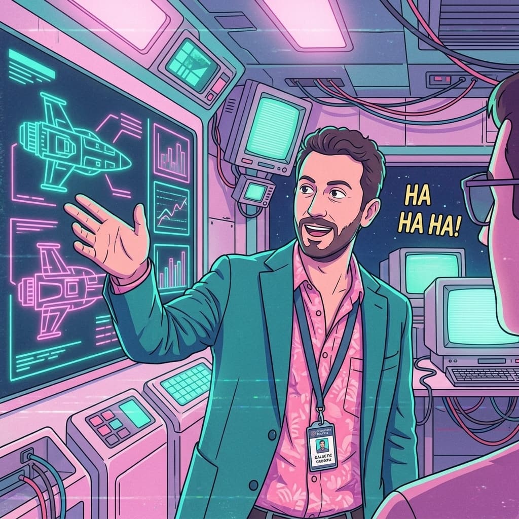 The Growth AEO Lead in Retro Sci-Fi Sitcom style.