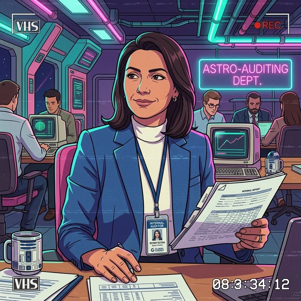 The Internal Auditor in Retro Sci-Fi Sitcom style.