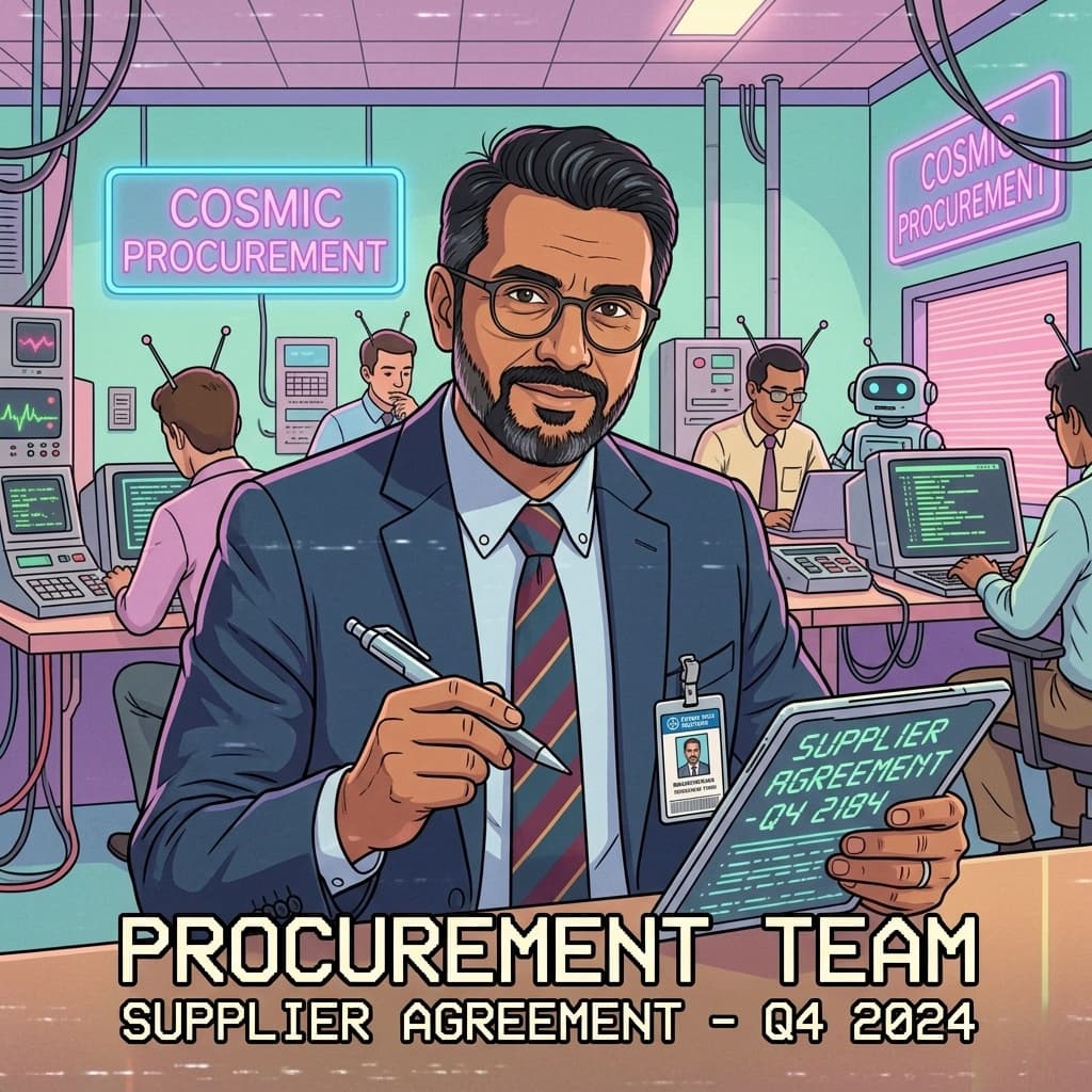 The Procurement Lead in Retro Sci-Fi Sitcom style.