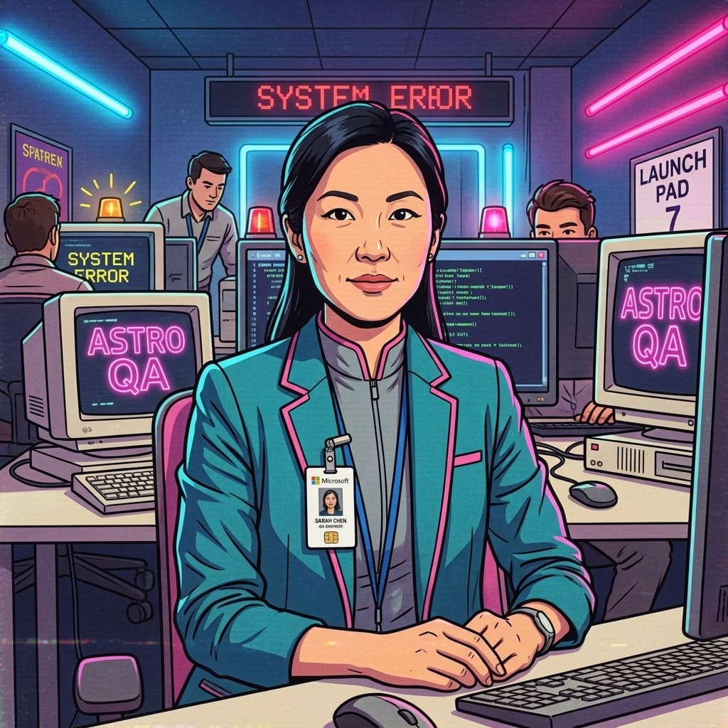 The QA Engineer in Retro Sci-Fi Sitcom style.