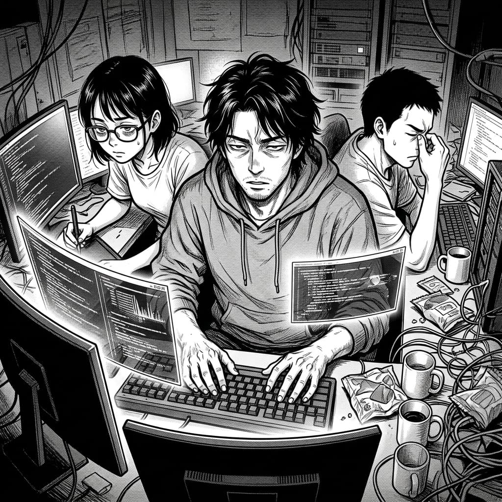 Application Development Team in Seinen Manga Tech Satire style.