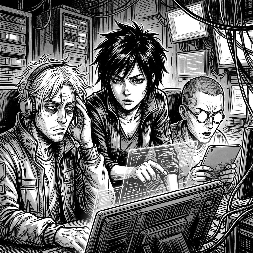 Design Team in Seinen Manga Tech Satire style.