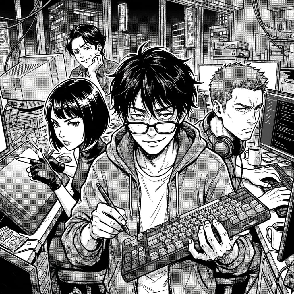 Frontend/UI Engineering Team in Seinen Manga Tech Satire style.