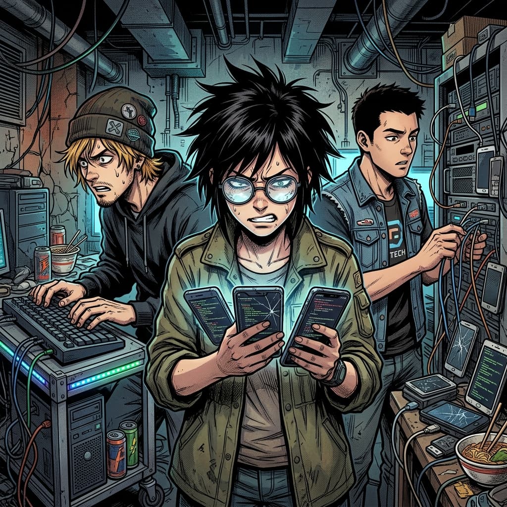 Mobile Engineering Team in Seinen Manga Tech Satire style.