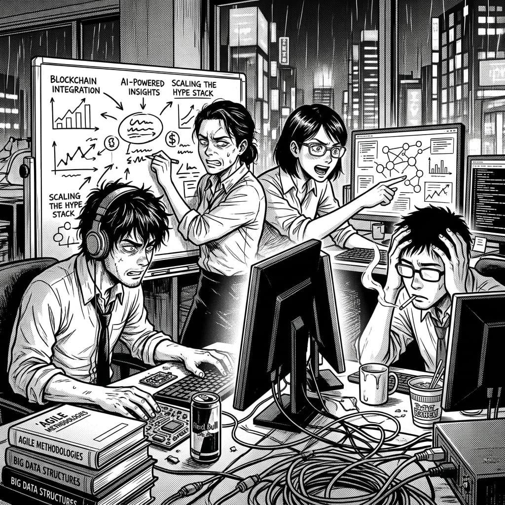 Product Team in Seinen Manga Tech Satire style.