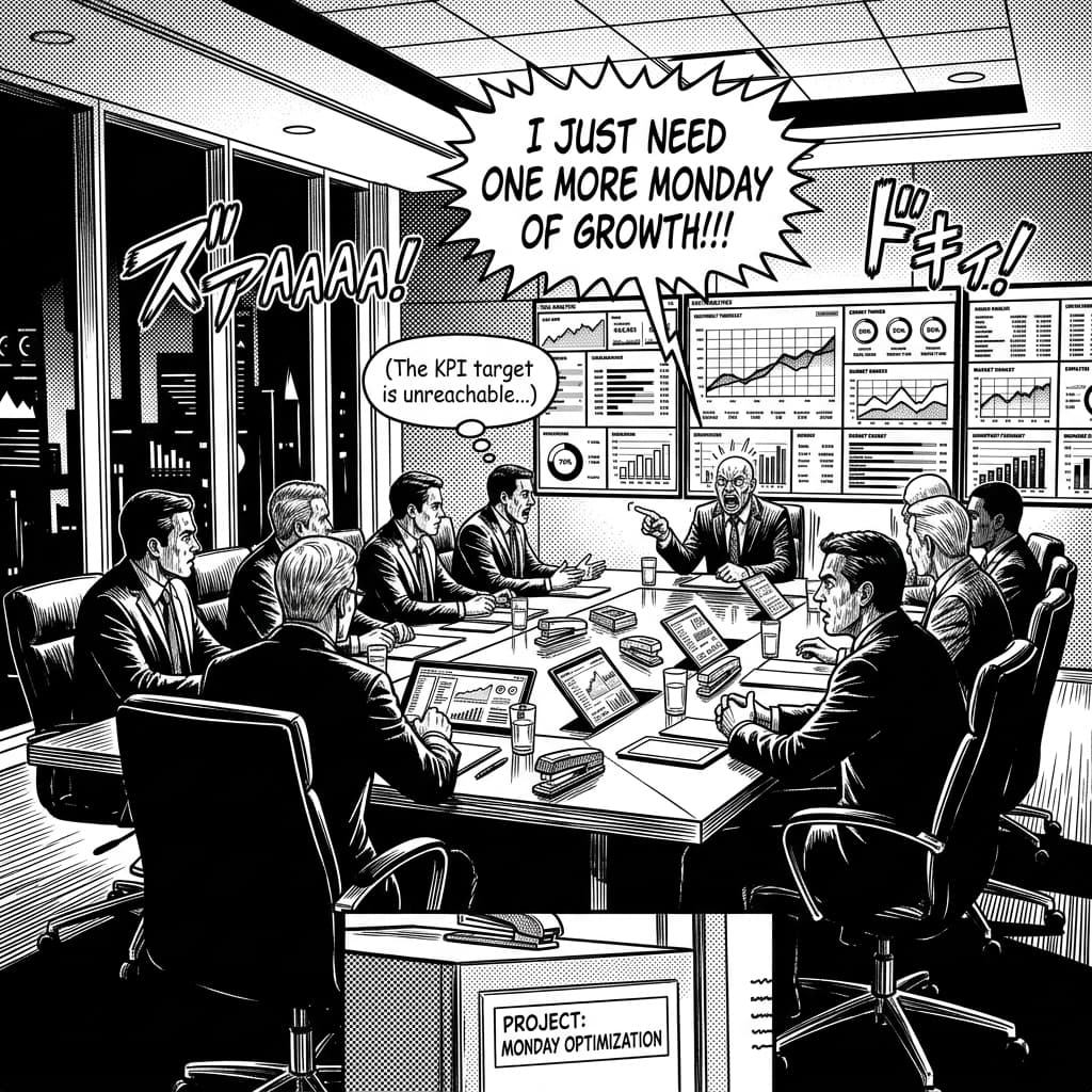 The Board in Seinen Manga Tech Satire style.