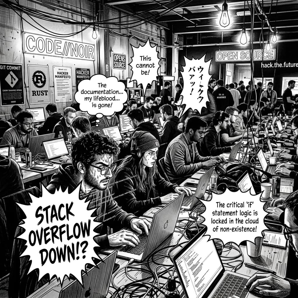 The Developer Community in Seinen Manga Tech Satire style.