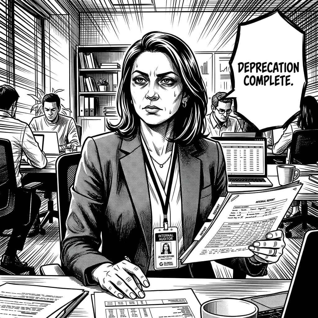 The Internal Auditor in Seinen Manga Tech Satire style.