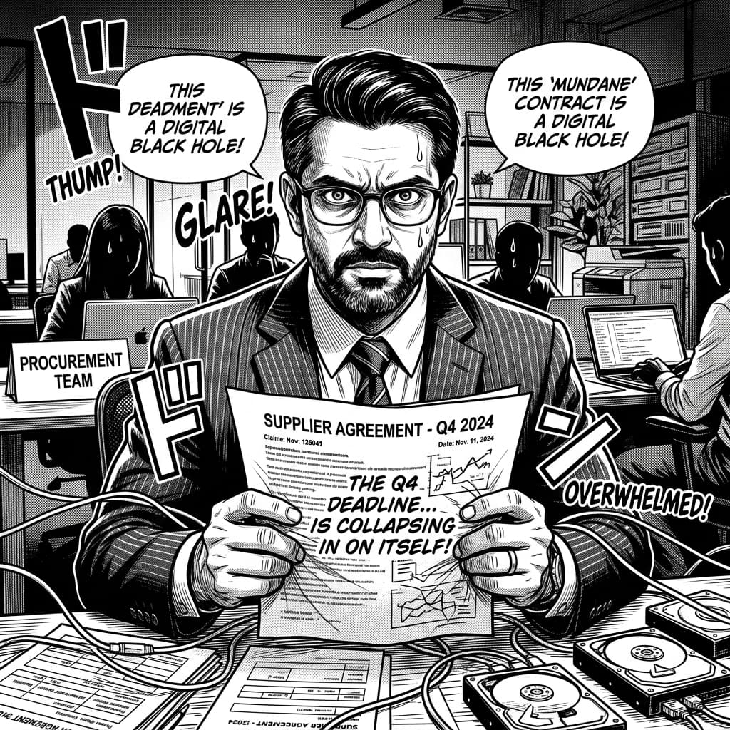 The Procurement Lead in Seinen Manga Tech Satire style.