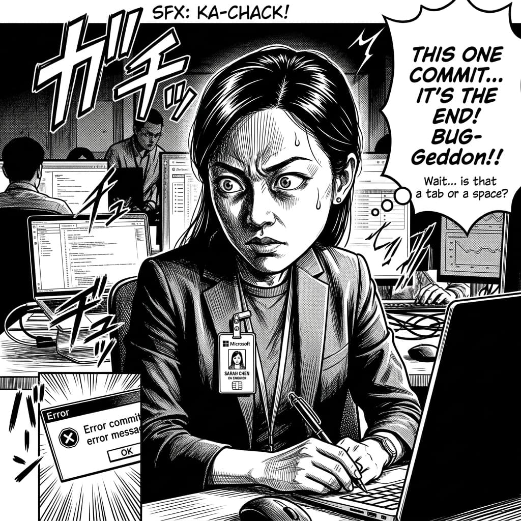 The QA Engineer in Seinen Manga Tech Satire style.