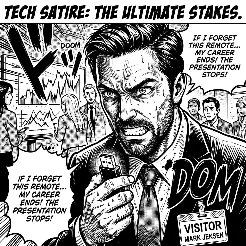 The Sales Engineer in Seinen Manga Tech Satire style.