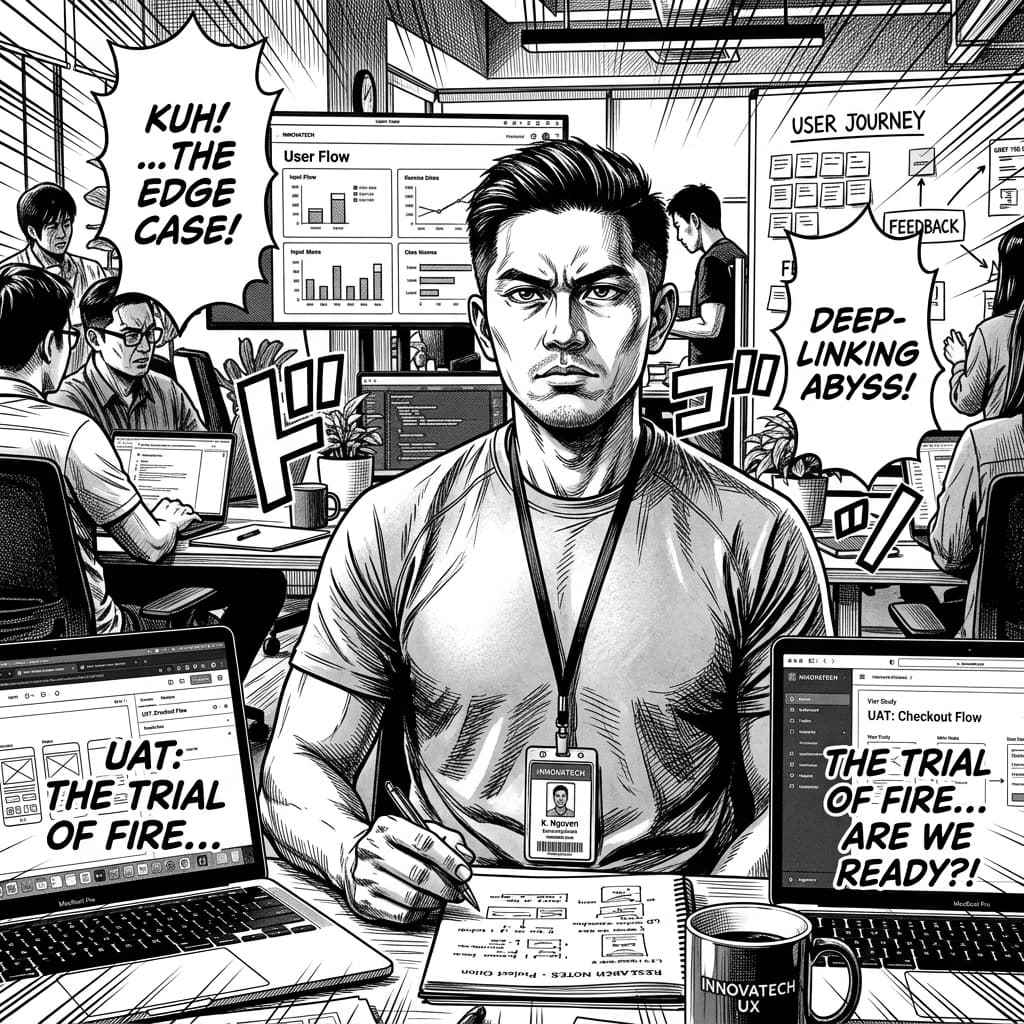The UX Researcher in Seinen Manga Tech Satire style.