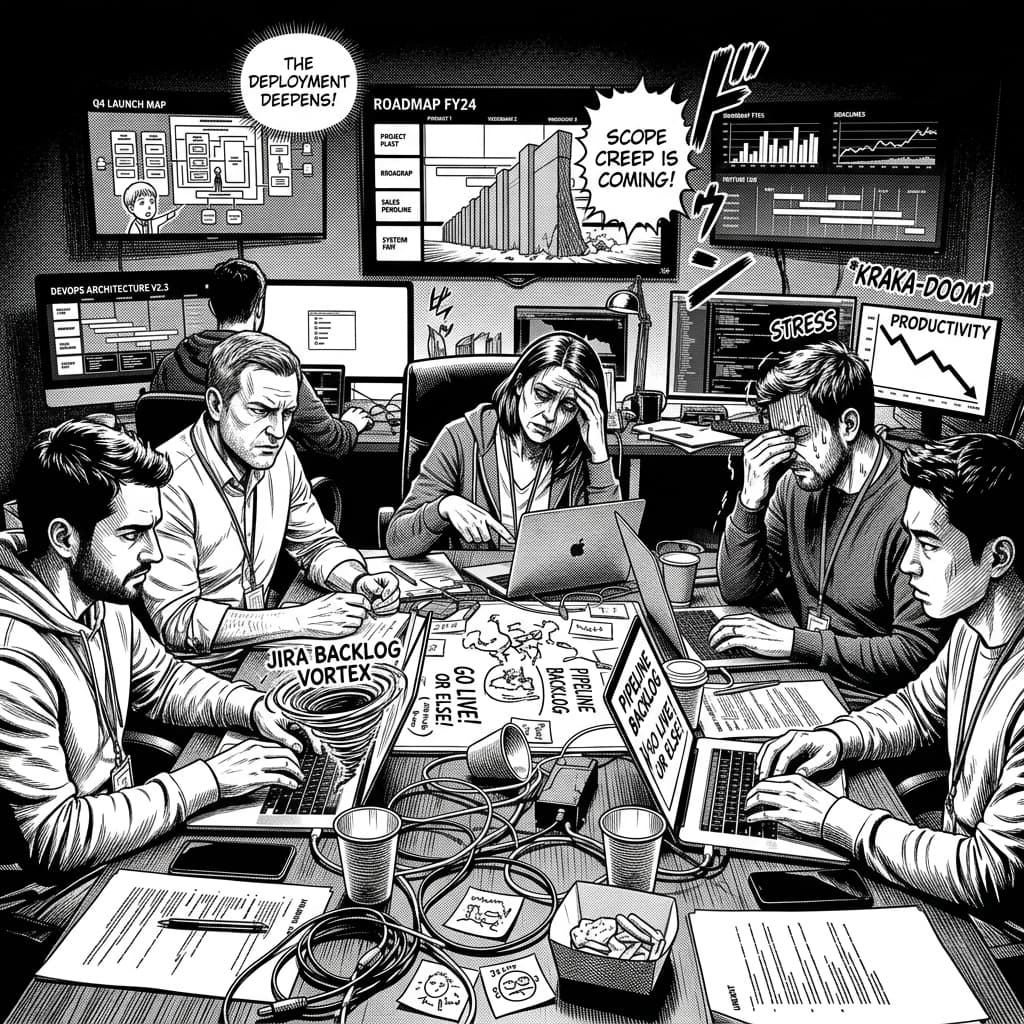 The Vendor Team in Seinen Manga Tech Satire style.