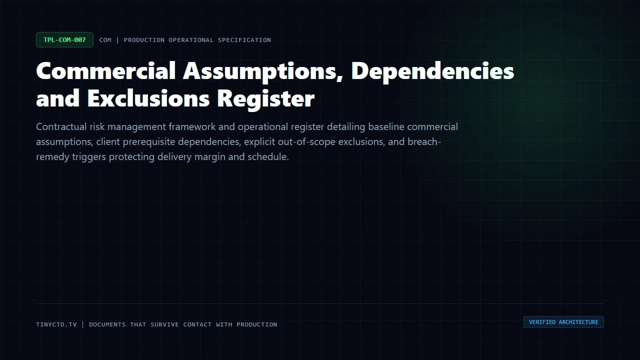 Commercial Assumptions, Dependencies and Exclusions Register blueprint visual card