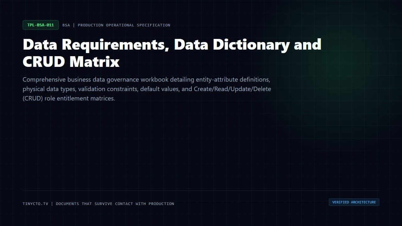 Data Requirements, Data Dictionary and CRUD Matrix blueprint visual card