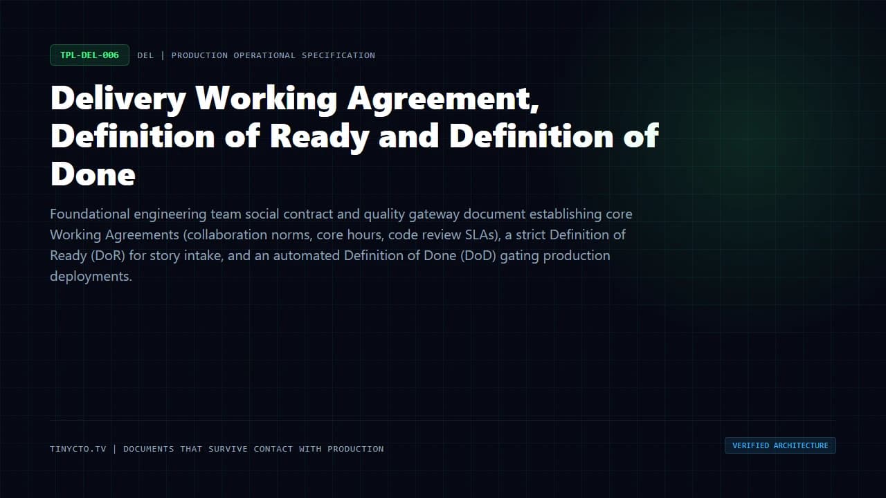 Delivery Working Agreement, Definition of Ready and Definition of Done blueprint visual card