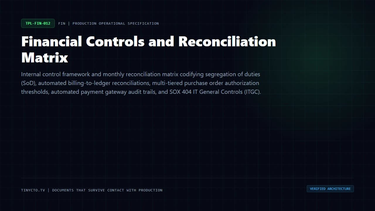 Financial Controls and Reconciliation Matrix blueprint visual card