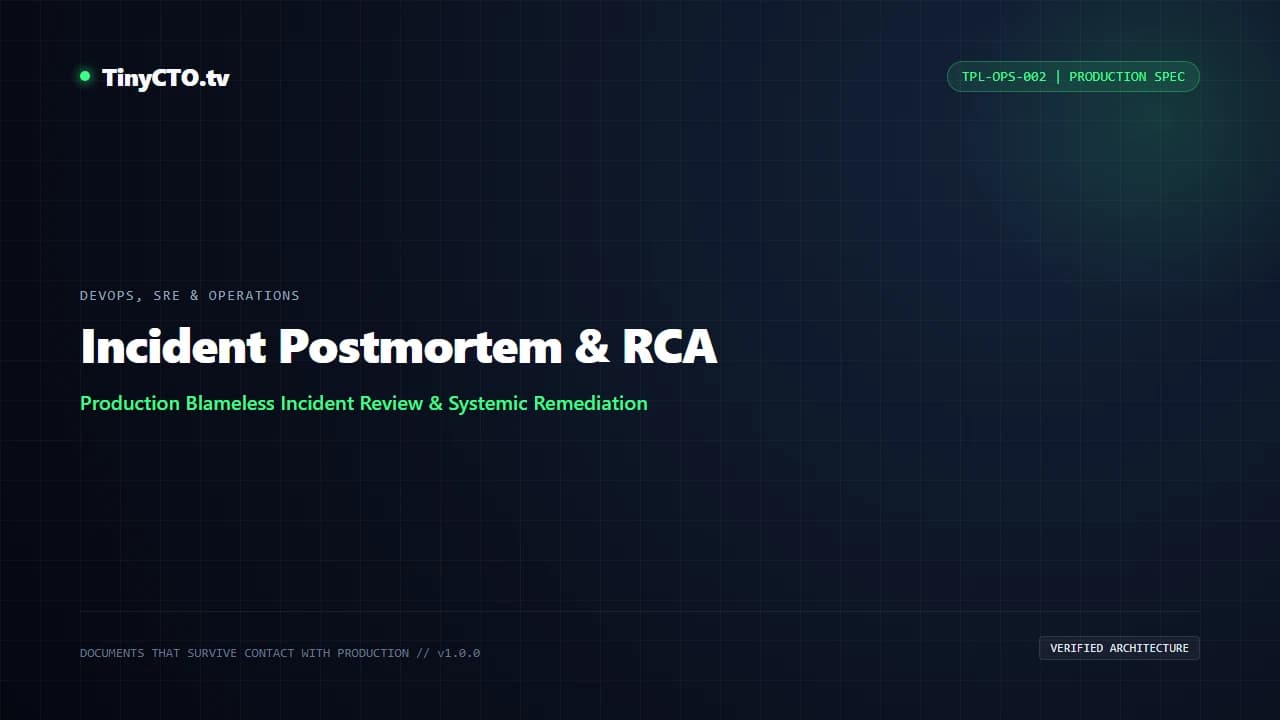 TinyCTO Incident Postmortem & RCA dark-mode blueprint card
