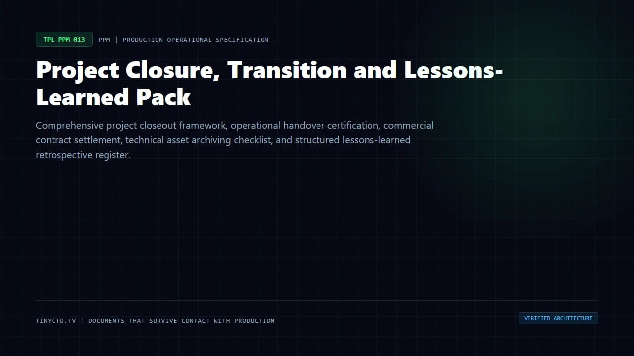 Project Closure, Transition and Lessons-Learned Pack blueprint visual card
