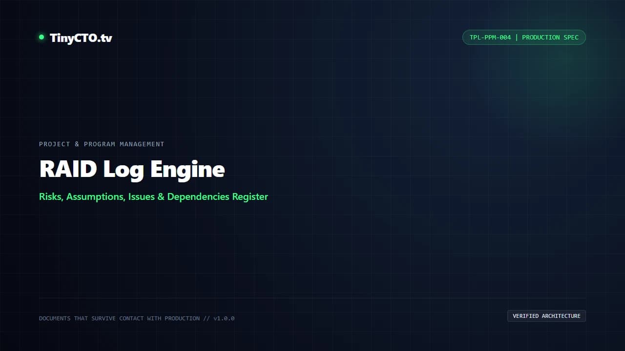 TinyCTO RAID Log Engine dark-mode blueprint card