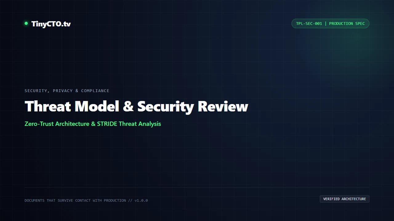 TinyCTO Threat Model & Security Review Pack dark-mode blueprint card