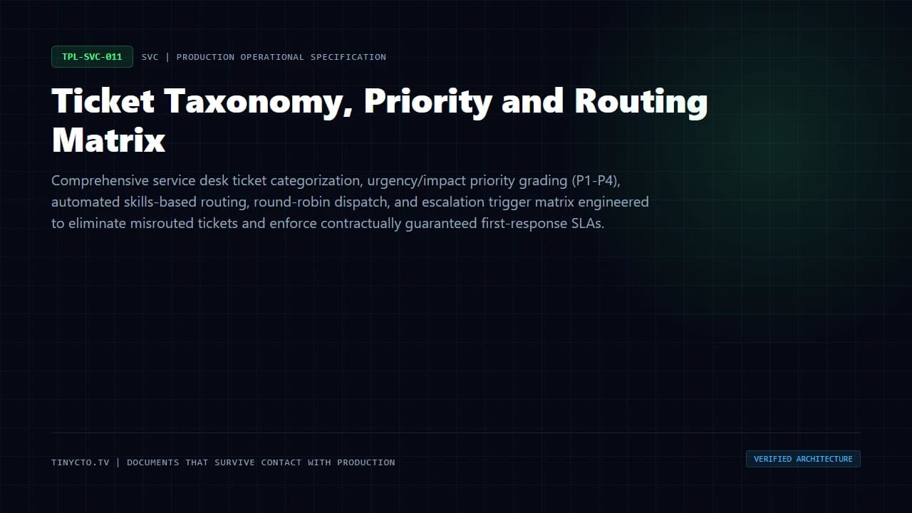 Ticket Taxonomy, Priority and Routing Matrix blueprint visual card