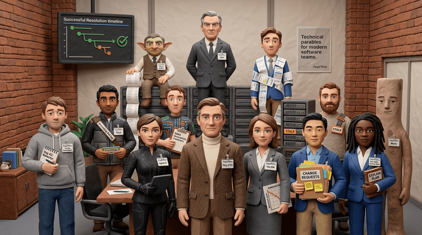 Claymation Tech Parable visual style — Tiny CTO: The Chaos Stack.