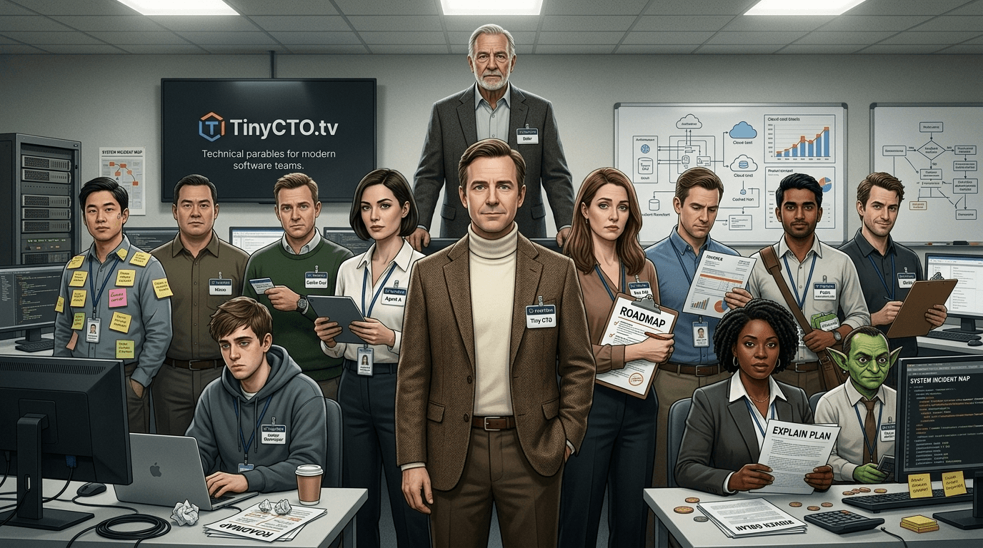 Incident Mockumentary visual style — Tiny CTO: The Chaos Stack.