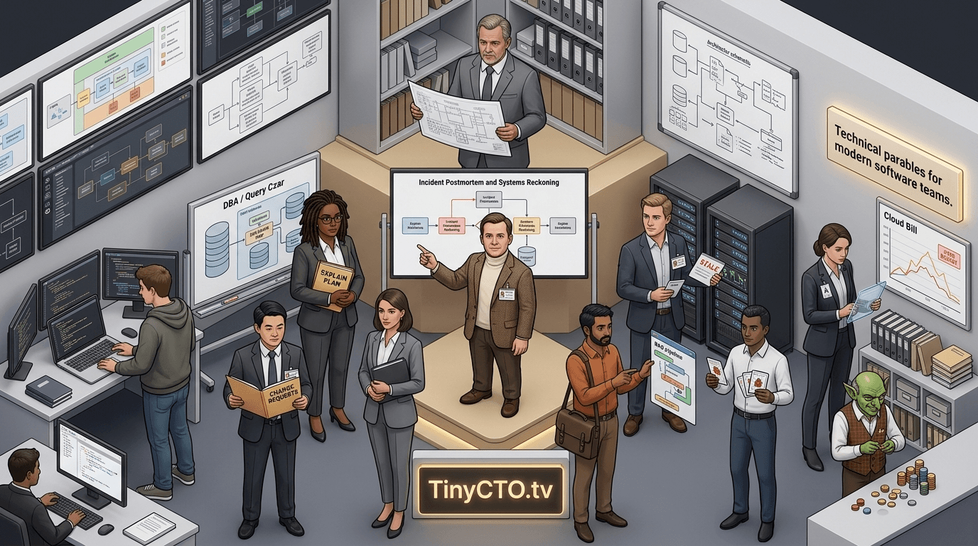 Isometric Systems Diorama visual style — Tiny CTO: The Chaos Stack.
