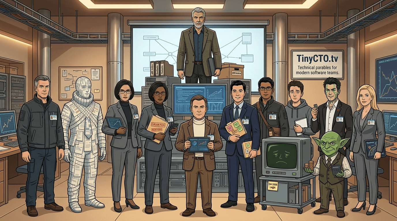 Retro Sci-Fi Sitcom visual style — Tiny CTO: The Chaos Stack.